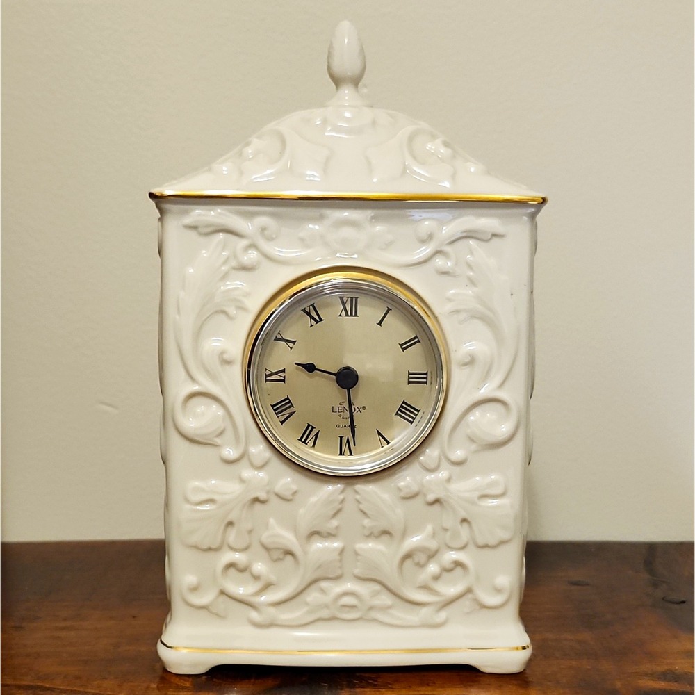 Vintage Lenox Georgian Porcelain 9.5" Mantel Clock White Gold WORKING. USA